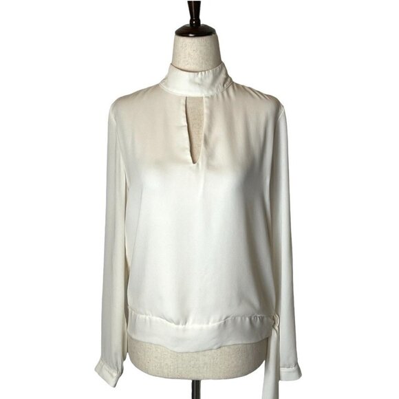 Krisa Ivory Cream High Neck Keyhole Cut Out Front Tie Waist Blouse Size‎ XS - Picture 2 of 11